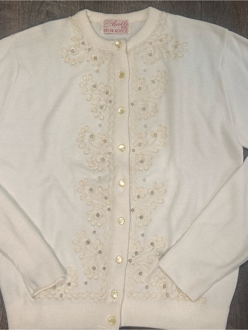 Vintage Styled By Apollo Orlon Acrylic Beaded Cream Cardigan In Box Made In USA